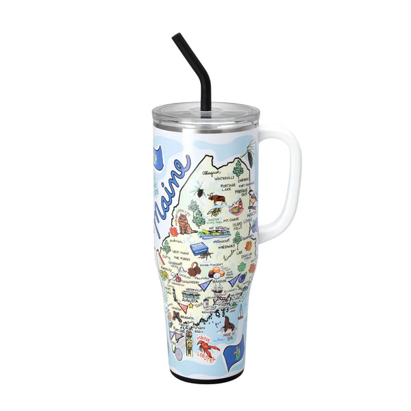 Maine Mega Mug 40 Oz Insulated Stainless Steel Tumbler Featuring Maine State Map Artwork With Handle And Reusable Straw