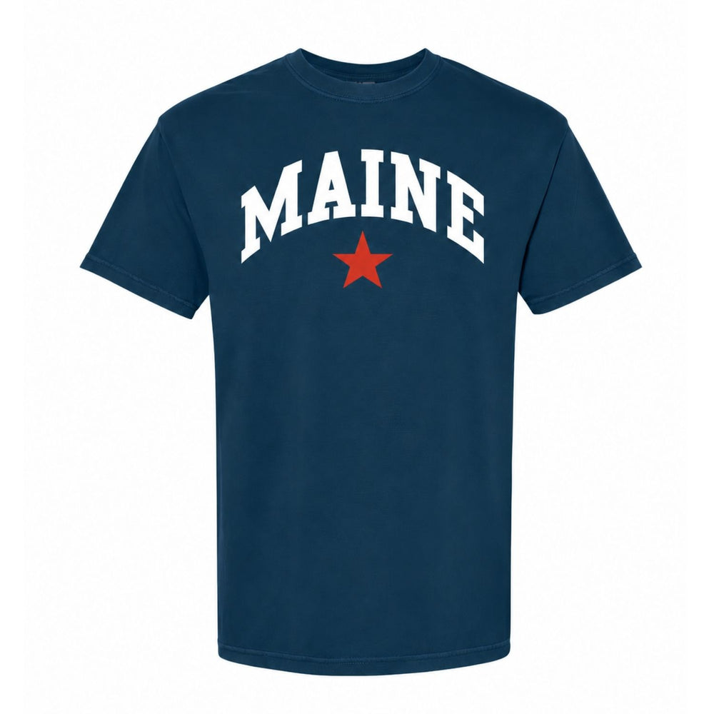 Maine Star Tee In Denim Blue With White MAINE Lettering And Red Star, Maine Shirts, Maine Coastal Gifts