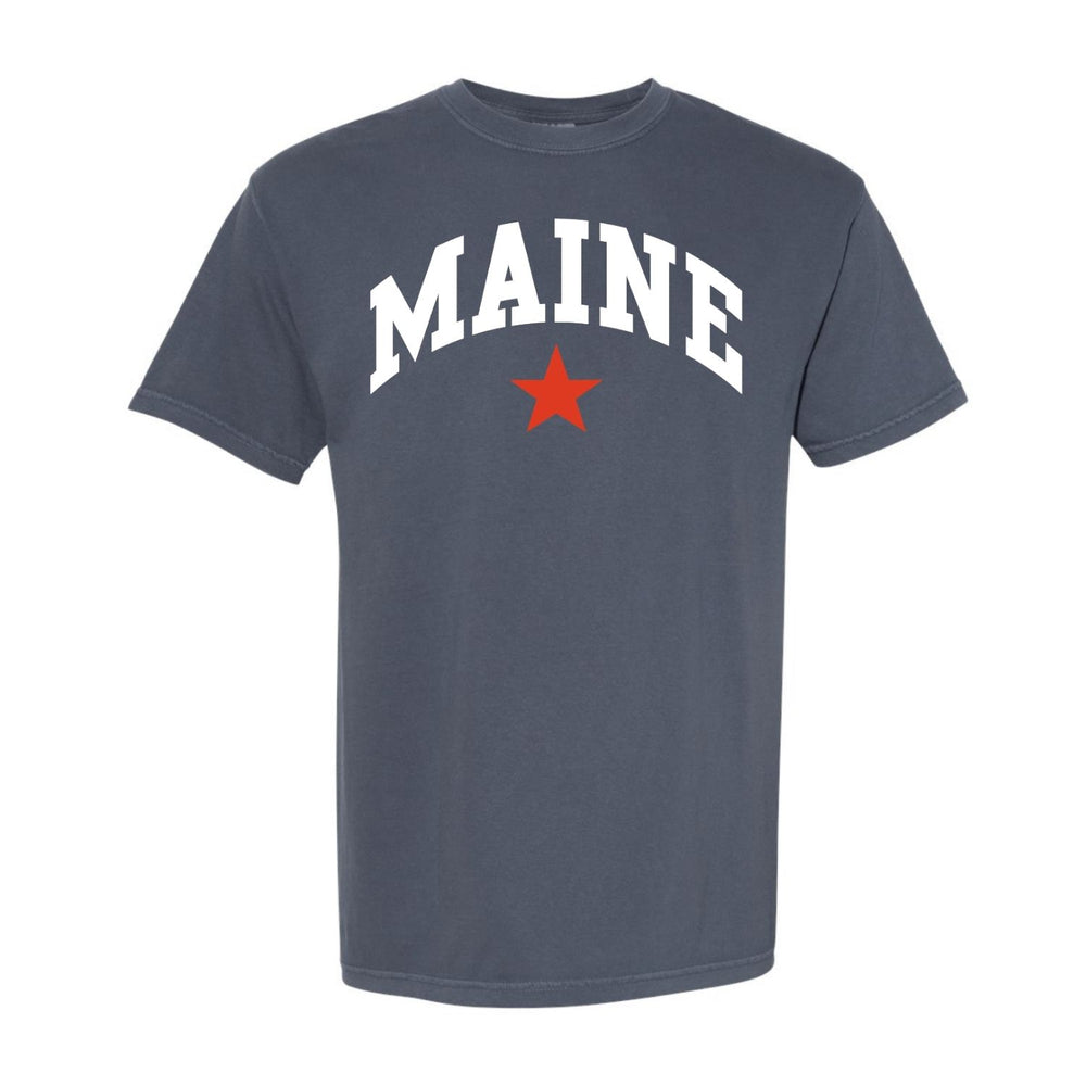 Maine Star Tee In Denim Blue With White MAINE Lettering And Red Star, Maine Shirts, Maine Coastal Gifts