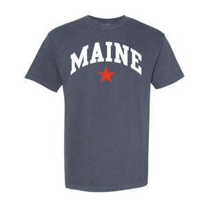 Maine Star Tee In Denim Blue With White MAINE Lettering And Red Star, Maine Shirts, Maine Coastal Gifts