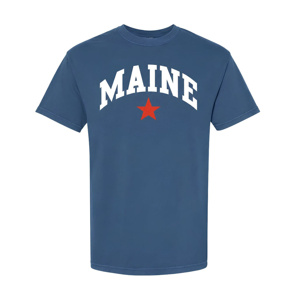 Maine Star Tee In Denim Blue With White MAINE Lettering And Red Star, Maine Shirts, Maine Gifts