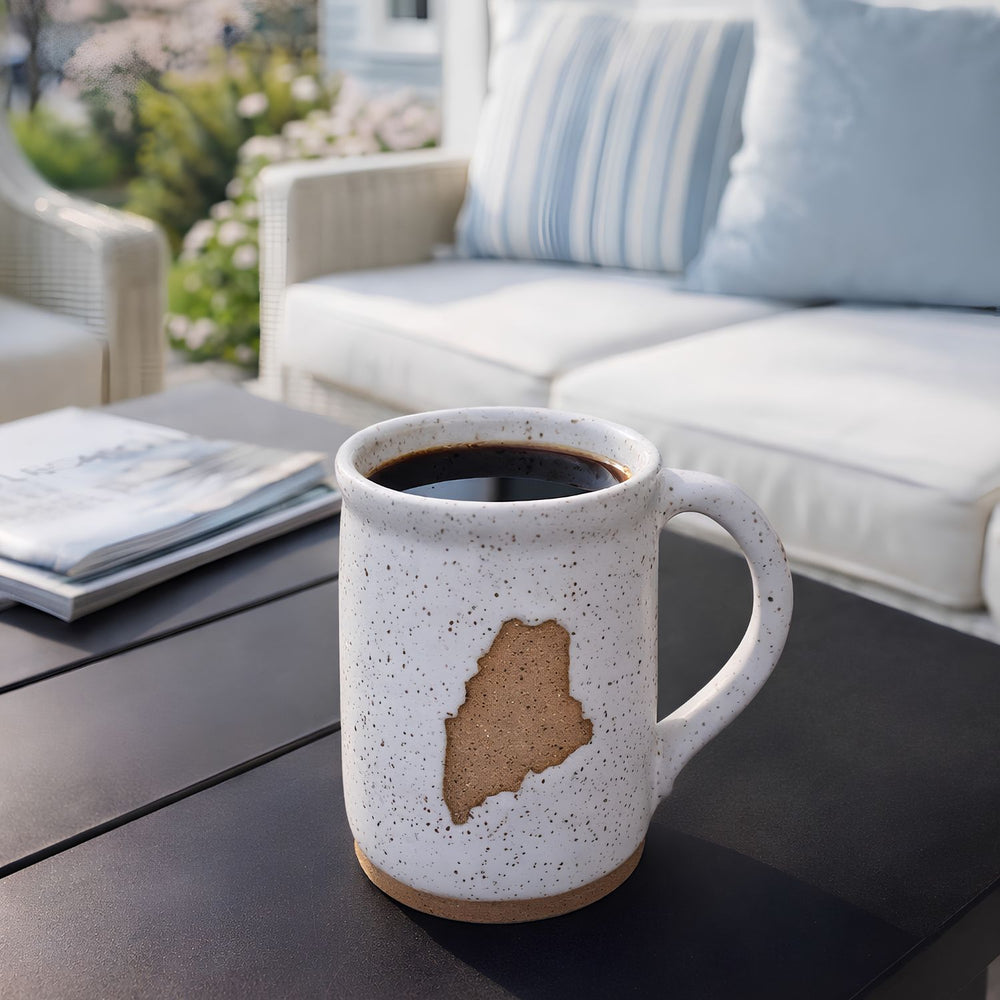 Artisan State Mug, White Ceramic Mug Featuring Maine Outline, 4.5" Tall, Coastal Mug
