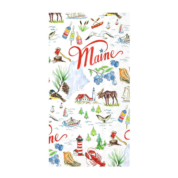 Maine State Paper Guest Towels Pack of 16 with Watercolor Lighthouse, Lobster, Moose, Blueberries, and Coastal Maine Icons on Soft 3 Ply Paper