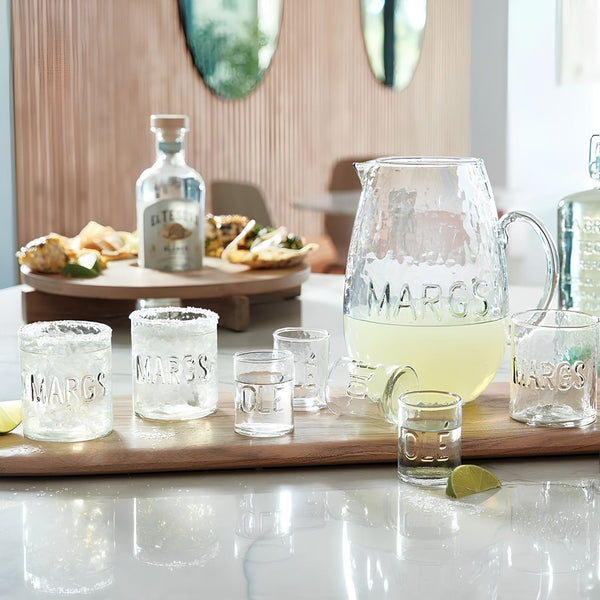 MARGS Hammered Cocktail Glasses And Pitcher, Margarita Drinkware, Barware, Cocktail Serving Set, Entertaining Accessories