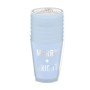 Set Of 8 Blue Merry And Bright Frost Cups, Reusable 16-Ounce Holiday Cups, Christmas Drinkware, Party Supplies