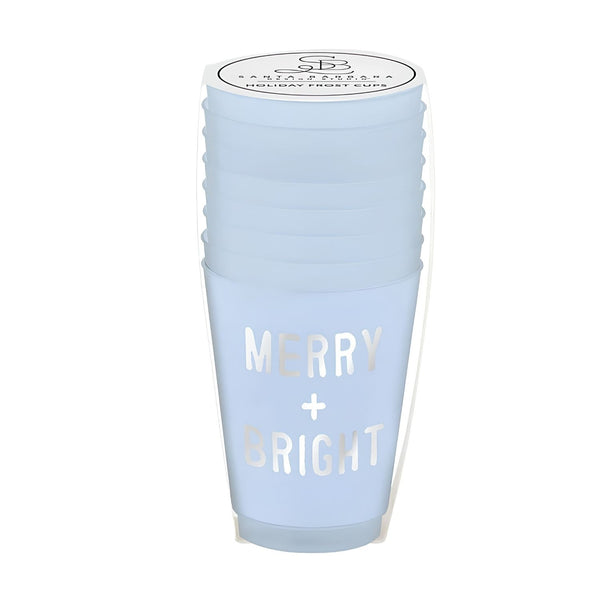 Set Of 8 Blue Merry And Bright Frost Cups, Reusable 16-Ounce Holiday Cups, Christmas Drinkware, Party Supplies