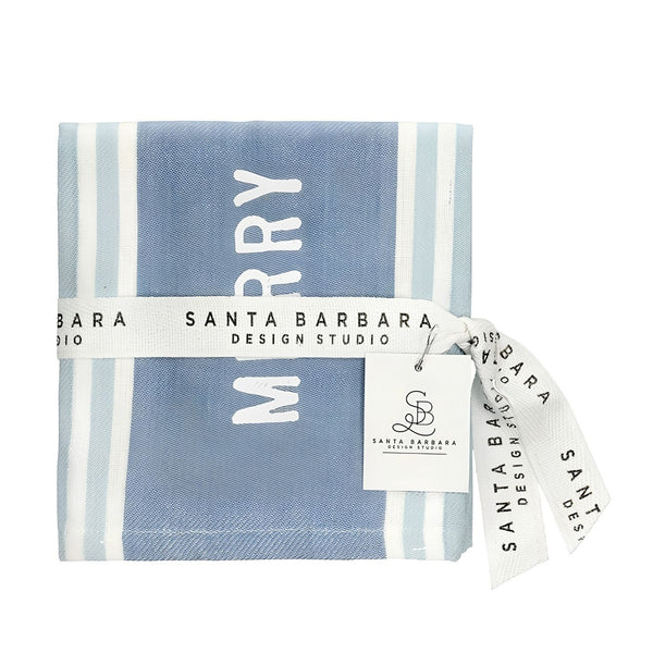 Blue And White Striped Merry And Bright Tea Towel, Cotton Kitchen Towel, Christmas Kitchen Decor, Holiday Home Accessory