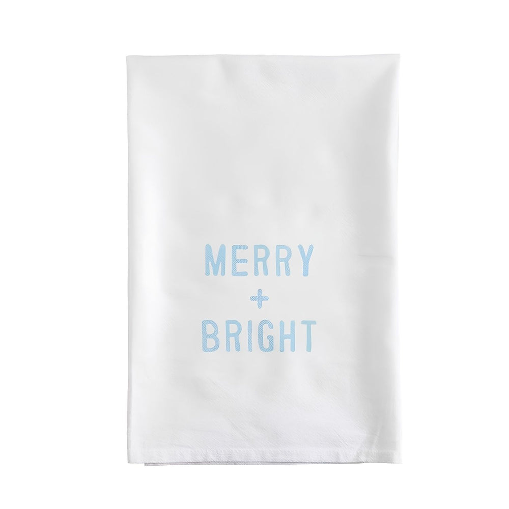 White Merry And Bright Cotton Tea Towel With Blue Lettering, 30-Inch Kitchen Towel, Christmas Decor, Holiday Kitchen Accessory