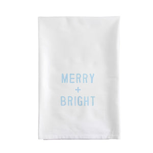 White Merry And Bright Cotton Tea Towel With Blue Lettering, 30-Inch Kitchen Towel, Christmas Decor, Holiday Kitchen Accessory