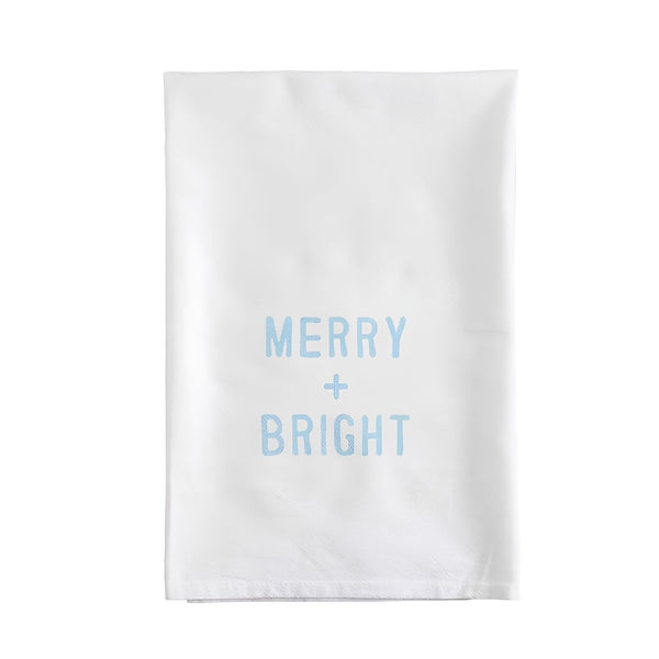 White Merry And Bright Cotton Tea Towel With Blue Lettering, 30-Inch Kitchen Towel, Christmas Decor, Holiday Kitchen Accessory