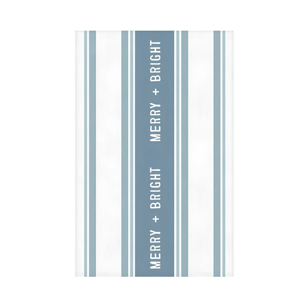 Blue And White Merry And Bright Striped Cotton Tea Towel, 18 x 28 Inch Kitchen Towel, Christmas Decor, Holiday Kitchen Accessory