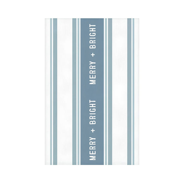 Blue And White Merry And Bright Striped Cotton Tea Towel, 18 x 28 Inch Kitchen Towel, Christmas Decor, Holiday Kitchen Accessory