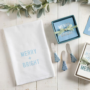 Merry And Bright White Cotton Tea Towel, Holiday Kitchen Towel, Christmas Kitchen Decor, Festive Home Accessory