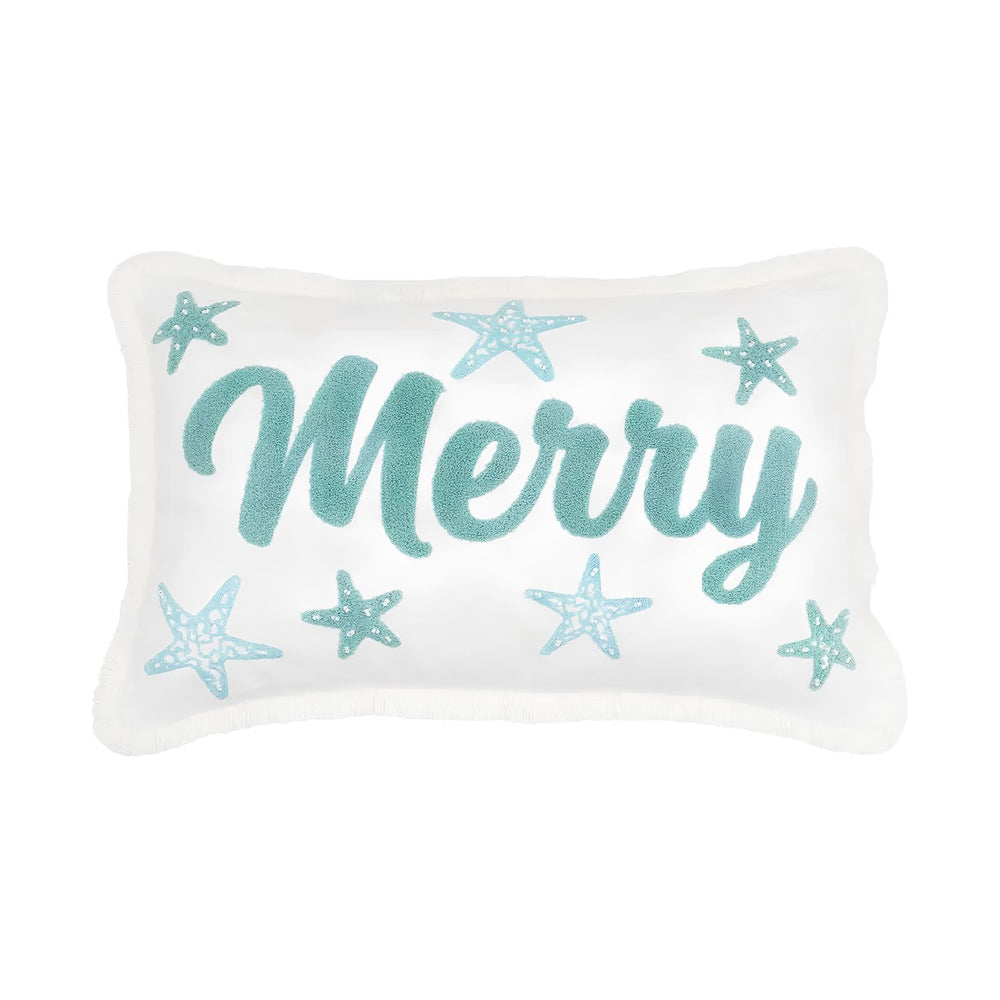 Merry Starfish Coastal Throw Pillow With Teal Embroidery And Beaded Starfish, Coastal Christmas Decor