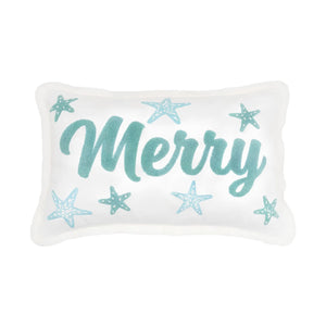 Merry Starfish Coastal Throw Pillow With Teal Embroidery And Beaded Starfish, Coastal Christmas Decor