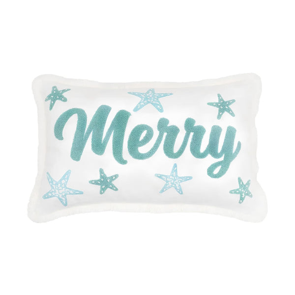 Merry Starfish Coastal Throw Pillow With Teal Embroidery And Beaded Starfish, Coastal Christmas Decor