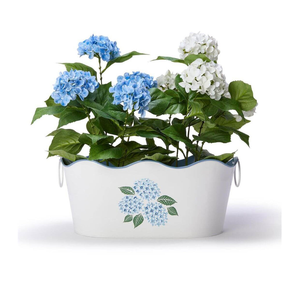 Elegant metal beverage and planter tub featuring a raised hydrangea floral design