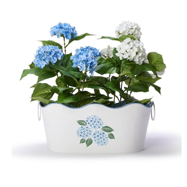 Decorative metal hydrangea tub with embossed floral details. Beverage cooler or stylish planter for garden parties and home décor