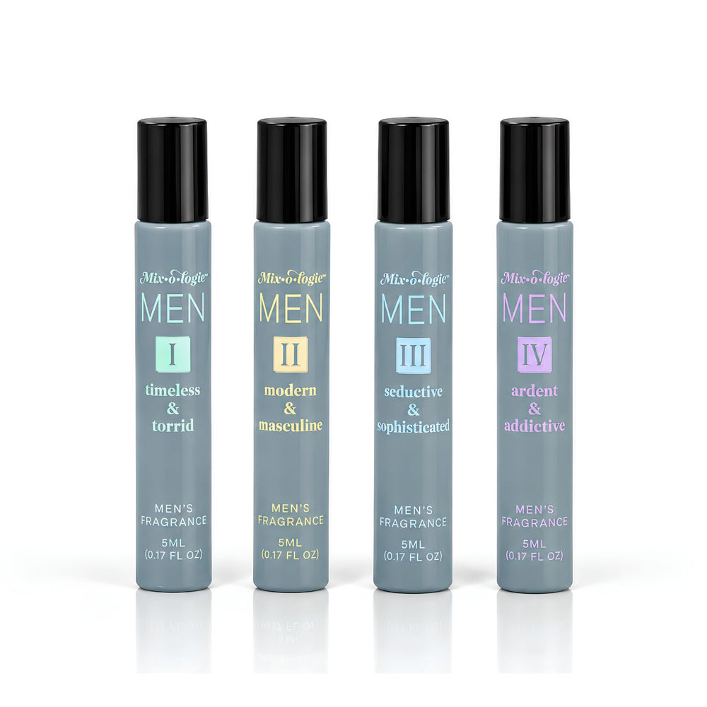 Mixologie Cologne for Men Four 5 mL Roll-On Fragrance Oils in Timeless & Torrid, Modern & Masculine, Seductive & Sophisticated, and Ardent & Addictive, Alcohol-Free Men’s Cologne
