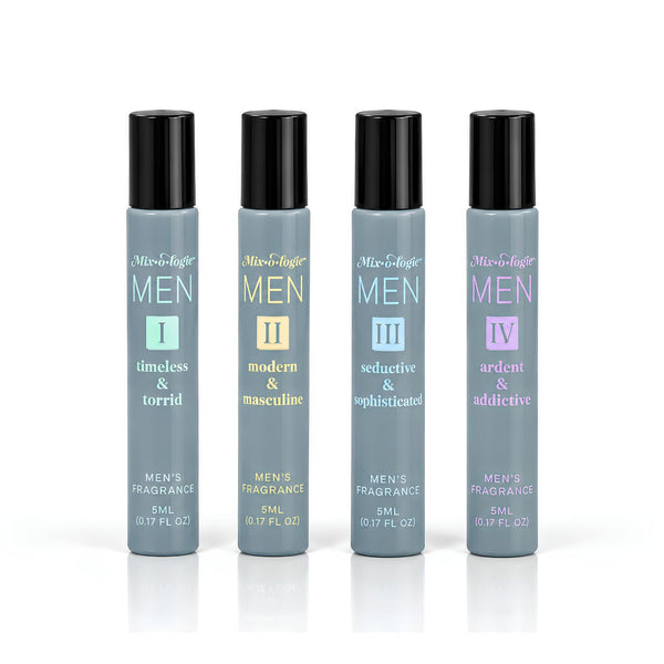 Mixologie Cologne for Men Four 5 mL Roll-On Fragrance Oils in Timeless & Torrid, Modern & Masculine, Seductive & Sophisticated, and Ardent & Addictive, Alcohol-Free Men’s Cologne