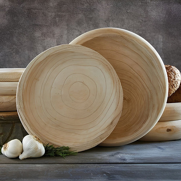 Natural Carved Wood Bowl With Garlic And Herbs, Wooden Serving Bowl, Rustic Kitchen Decor, Tabletop Accessory