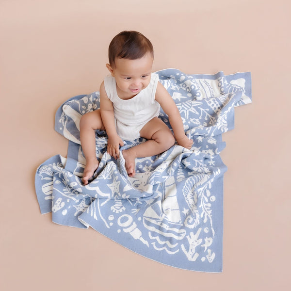 Nautical Organic Cotton Baby Blanket Gift Set, Coastal Nursery Gift, Ocean Baby Gift