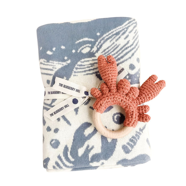 Nautical Baby Blanket Gift Set With Blue And Cream Ocean Print, Crocheted Crab Teether And Cotton Baby Hat, Baby Shower Gift