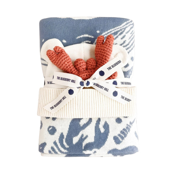 Nautical Baby Gift Set With Organic Cotton Blanket, Crab Teether And Baby Beanie, Coastal Baby Gift, Ocean Nursery Gift