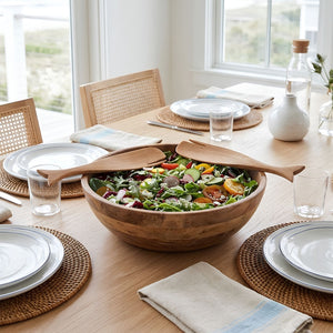 Acacia Wood Whale Salad Servers Resting Across a Wooden Salad Bowl on a Coastal Dining Table, Nautical Entertaining Accessories and Hostess Gift