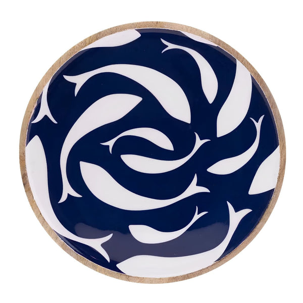 Navy Swirl Fish Mango Wood Serving Platter with White Fish Pattern, Round Coastal Serving Tray for Charcuterie Appetizers and Beach House Decor