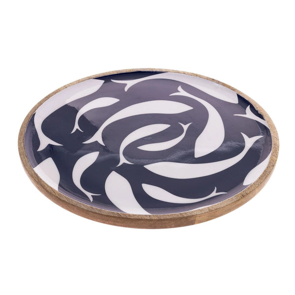 Round Mango Wood Serving Platter with Navy Fish Design for Coastal Kitchen and Entertaining