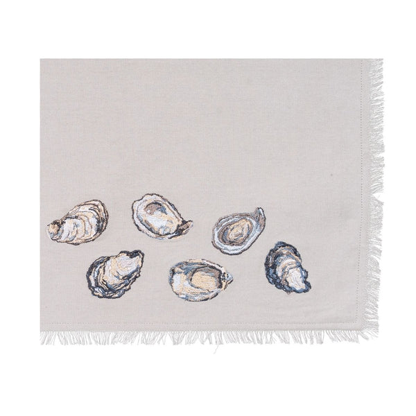Oyster Pattern Placemat Showing Embroidered Shell Detail And Fringed Edges, Coastal Dining, Beach House Decor And Seaside Entertaining