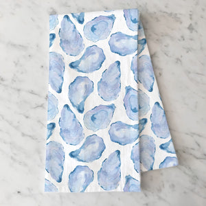 Oyster Shell Kitchen Towel Folded With Blue And Purple Watercolor Shells, Cotton Tea Towel, Coastal Kitchen Gift
