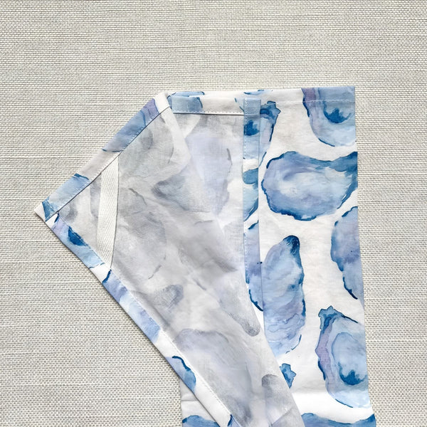 Oyster Shell Kitchen Towel Showing Cotton Fabric And Hanging Loop, Watercolor Coastal Tea Towel, Kitchen Gift
