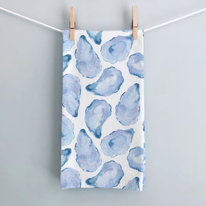 Oyster Shell Kitchen Towel With Blue Watercolor Shell Pattern, 19x28 Inch Cotton Tea Towel, Coastal Home Decor