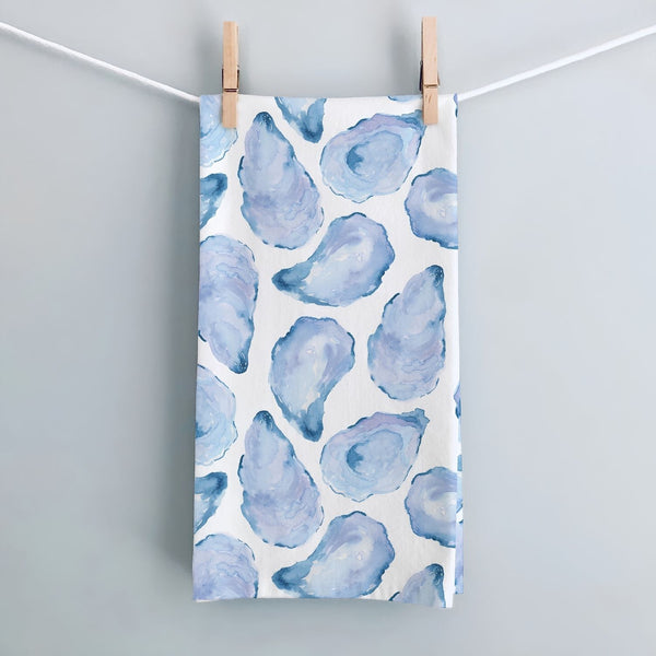 Oyster Shell Kitchen Towel With Blue Watercolor Shell Pattern, 19x28 Inch Cotton Tea Towel, Coastal Home Decor