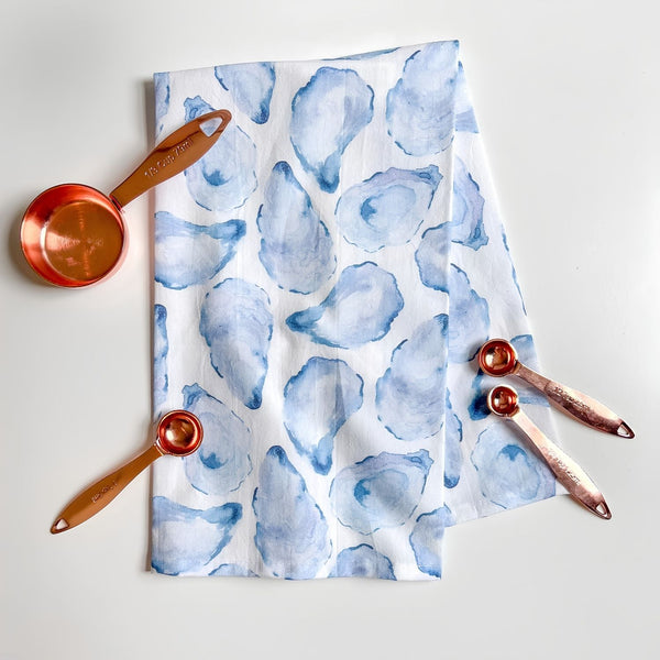 Oyster Shell Kitchen Towel Hanging With Blue And Purple Shell Pattern, Cotton Tea Towel, Coastal Kitchen Decor
