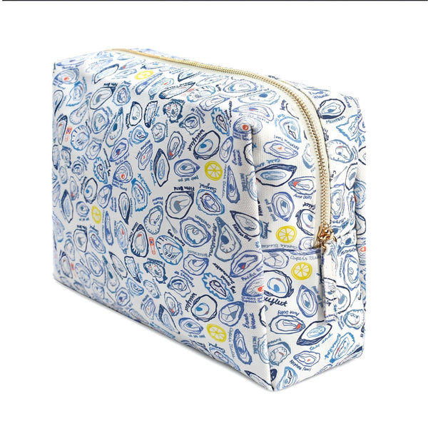 Oysters Large Travel Pouch With Cotton Canvas Exterior, Gold Zipper, Coastal Cosmetic Bag, Travel Pouch, Everyday Organizer