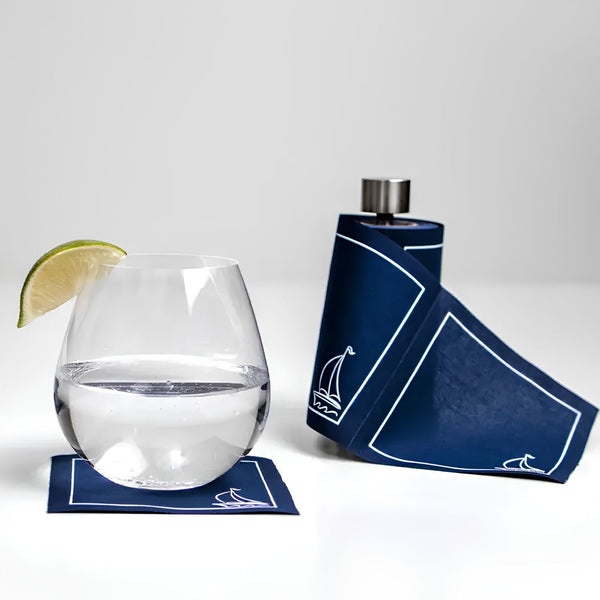 Sail Away Navy And White Cocktail Napkins With Nautical Sailboat Design For Coastal Entertaining
