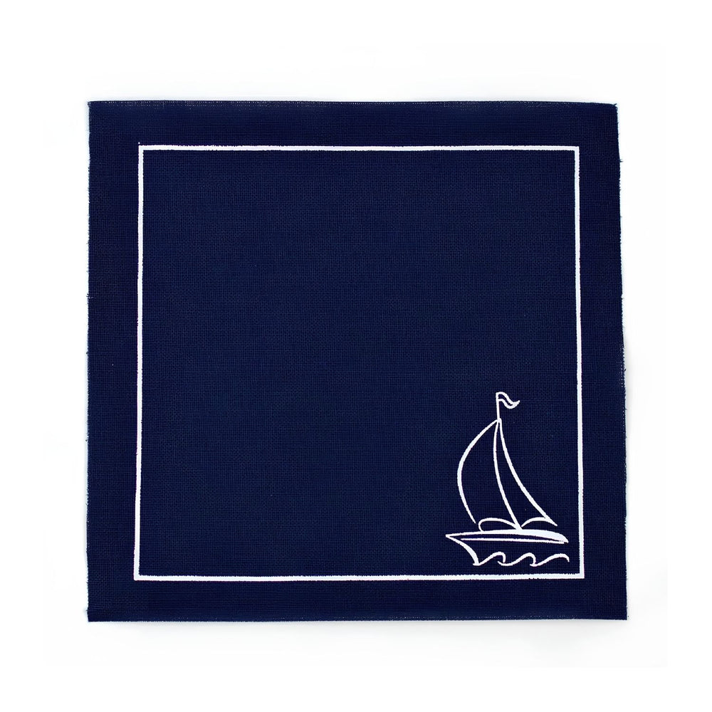Navy Sail Away Cocktail Napkins With White Border And Sailboat Design For Nautical Gatherings