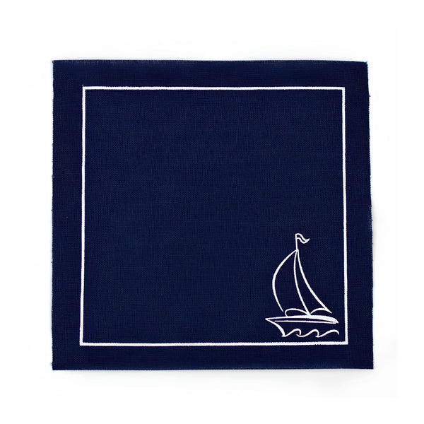 Navy Sail Away Cocktail Napkins With White Border And Sailboat Design For Nautical Gatherings