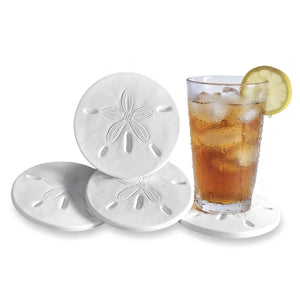 Sand Dollar Absorbent Clay Coasters with Iced Tea Glass, Beach Style Drink Coasters