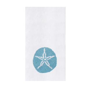 Sand Dollar French Knot Kitchen Towel With Blue Embroidery, Coastal Table Decor