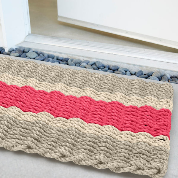Close-Up of Sand, Light Tan and Nantucket Red Special Edition Wicked Good Lobster Rope™ Doormat Showing Thick Woven Weatherproof Rope Texture, Durable Outdoor Doormat and Coastal Front Door Decor