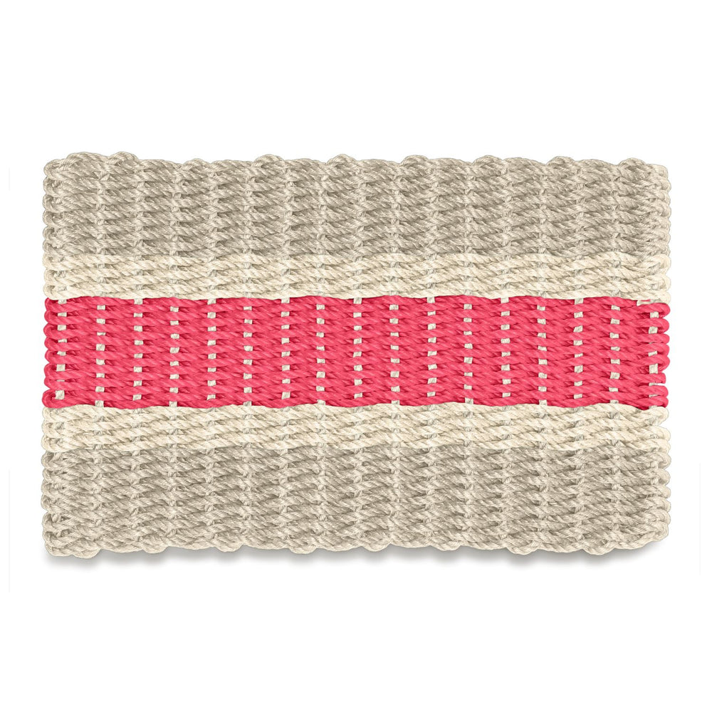 Christmas Spruce, Light Tan and Nantucket Red Wicked Good Lobster Rope™ Doormat at a Front Door, Handwoven Maine Outdoor Doormat and Coastal Christmas Decor