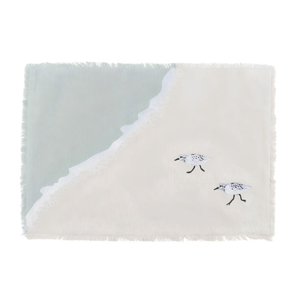 Sand And Sea Green Sandpiper Embroidered Placemat Styled With Coastal Tableware, Beach House Dining And Summer Entertaining