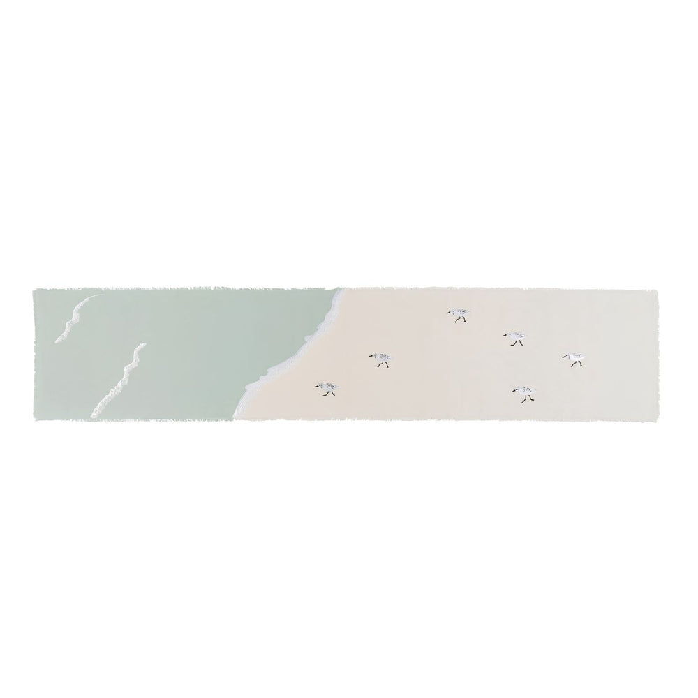 Sandpiper Bird Sprint Table Runner With Blue And White Tableware, Coastal Dining Rooms, Beach House Tables And Seaside Entertaining