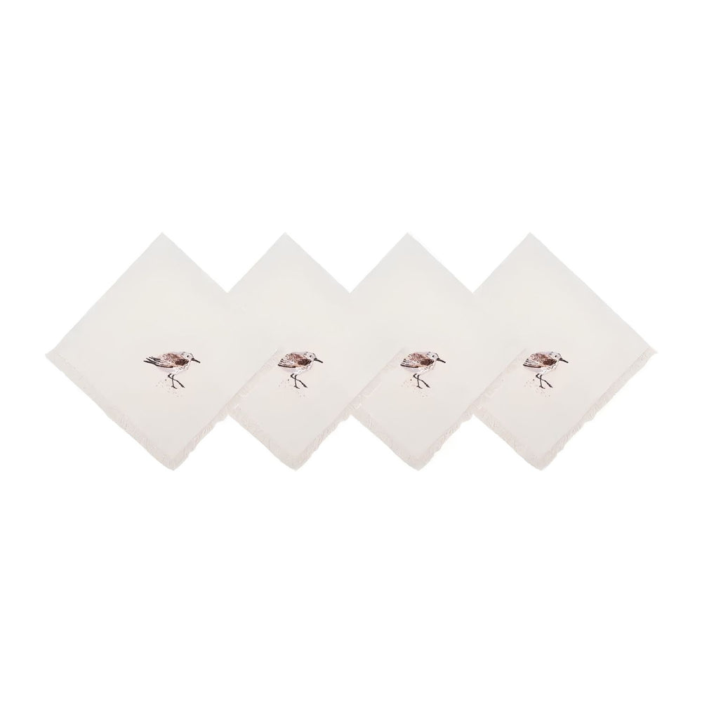 Set Of 4 Cotton Sandpiper Napkins With Embroidered Shorebirds And Fringe, Coastal Dining And Summer Entertaining