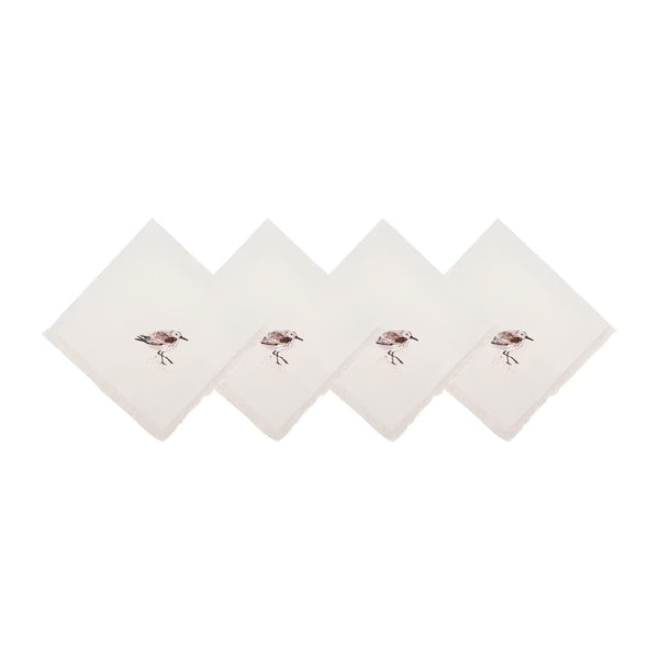 Set Of 4 Cotton Sandpiper Napkins With Embroidered Shorebirds And Fringe, Coastal Dining And Summer Entertaining