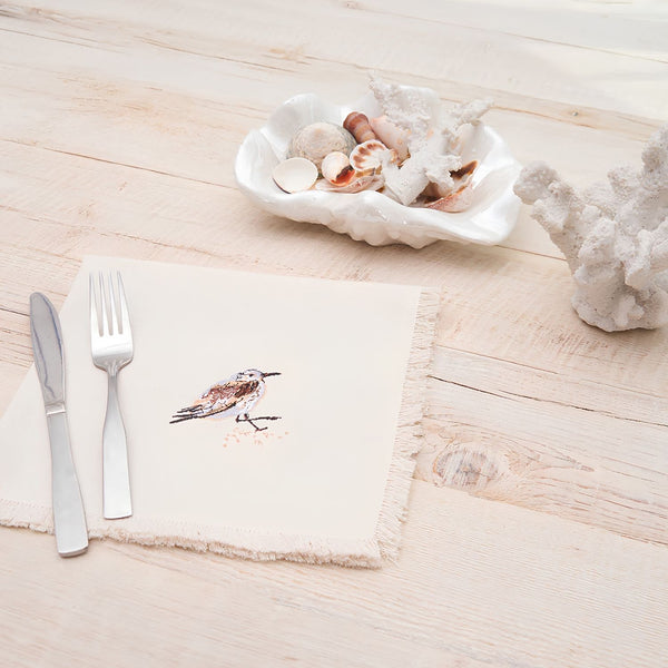 Sandpiper Embroidered Cloth Napkin With Fringe, Coastal Table Linens, Beach House Tables And Seaside Entertaining
